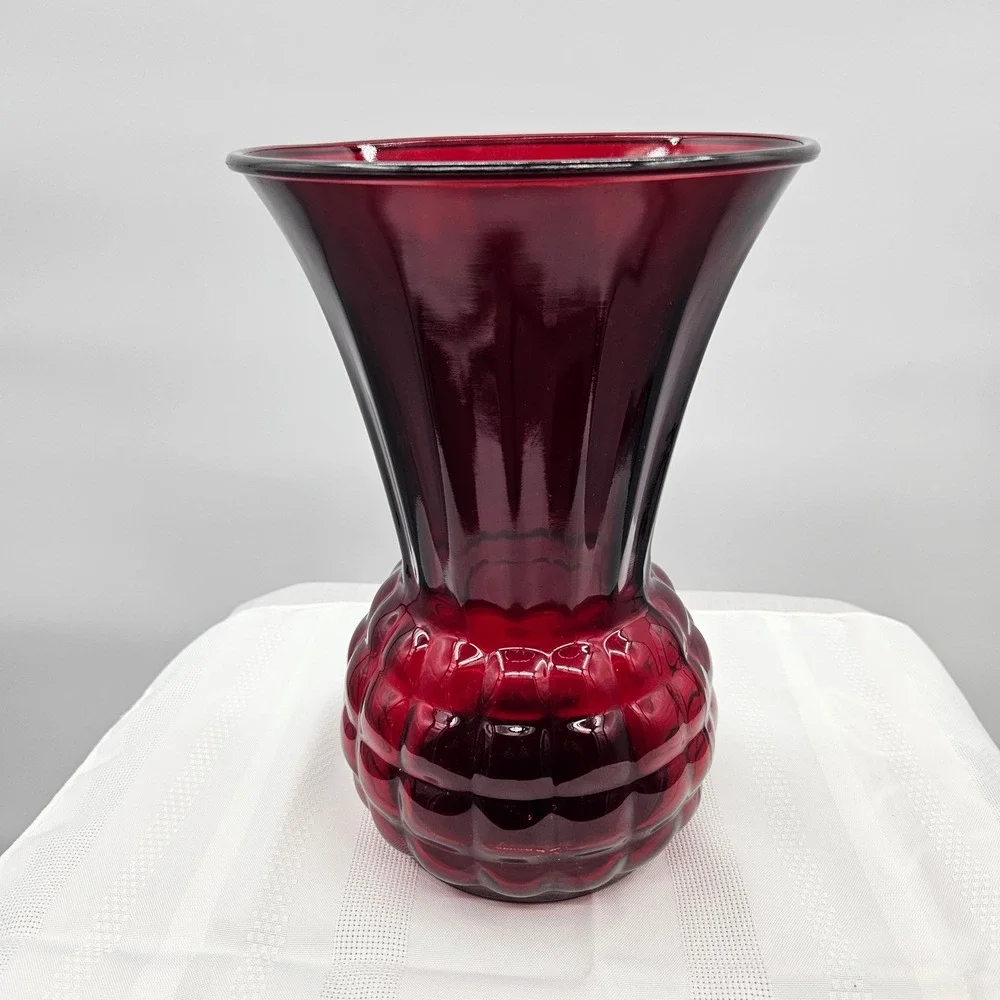 Vintage Anchor Hocking Ruby Red Glass Vase Flared Rim Quilted Base 9